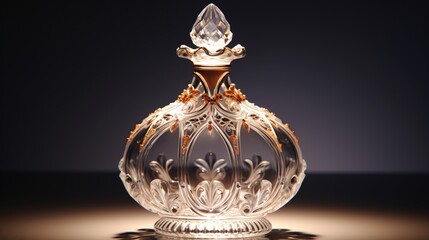 Ornate crystal perfume bottle with gold accents on a dark background