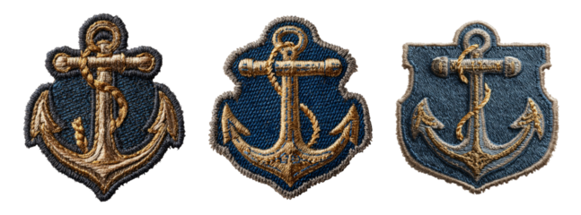 Vintage Anchor Patches with Detailed Embroidery on Transparent Background
