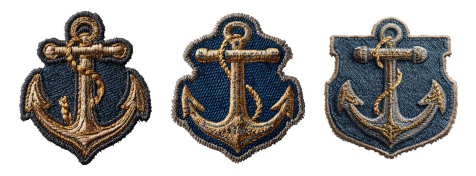 Vintage Anchor Patches with Detailed Embroidery on Transparent Background