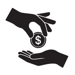 Hand giving dollar coin to another hand money receiving