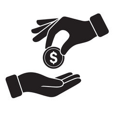 Hand giving dollar coin to another hand money receiving
