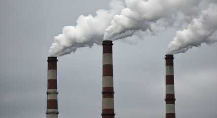 Power plant smokestacks releasing exhaust into a cloudy sky, representing global climate change and industrialization