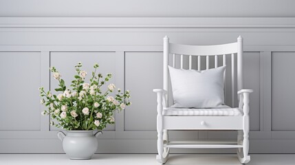 White Rocking Chair with Flowers in a Gray Interior, Relaxation