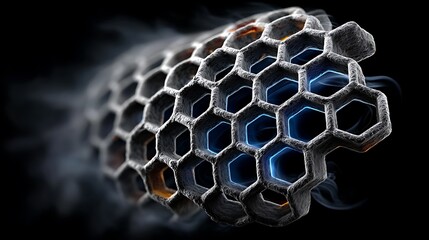High-tech pattern of hexagonal circuits outlined in soft glowing blue, forming a web across a semi-transparent dark background