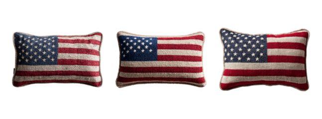 Set of three American flag decorative pillows on transparent background