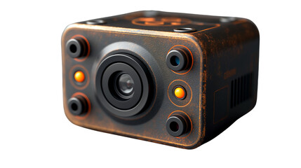 Fototapeta premium Rustic-style industrial surveillance camera with multiple infrared sensors and lens. Compact high-tech monitoring device for security systems. Isolated on transparent background, png
