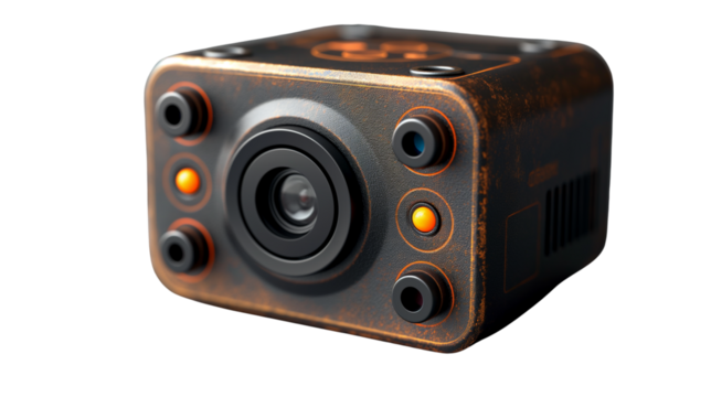 Rustic-style industrial surveillance camera with multiple infrared sensors and lens. Compact high-tech monitoring device for security systems. Isolated on transparent background, png