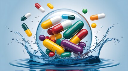 Colorful pills bursting from water droplet