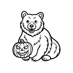 Black and white cartoon illustration of a bear holding a carved Halloween pumpkin with a smiling face.