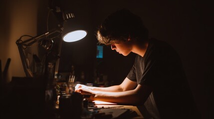 Naklejka premium A young artist focused on their work in a dimly lit studio, illuminated by a desk lamp.