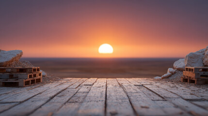 Fototapeta premium Global Supply Chain Pressure, Sunset over wooden pallet platform with rocky edges showing global supply chain pressure in nature
