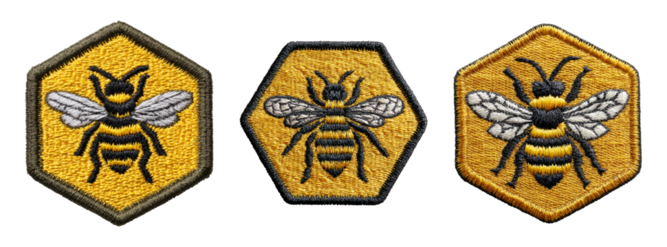 Set of Bee Embroidered Patches on Transparent Background