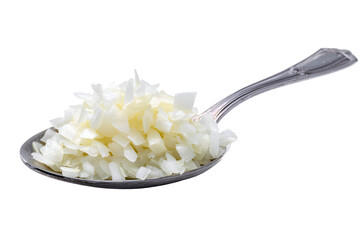 Chopped white onions on a spoon fresh ingredient cooking food