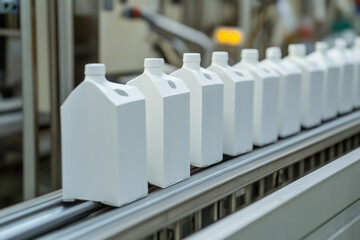 Newly formed milk containers on production line convey freshness Generative AI