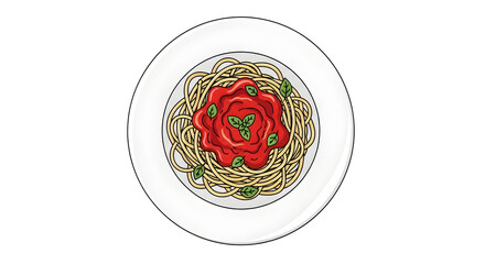 Spaghetti with Tomato Sauce and Basil Illustration on White Plate