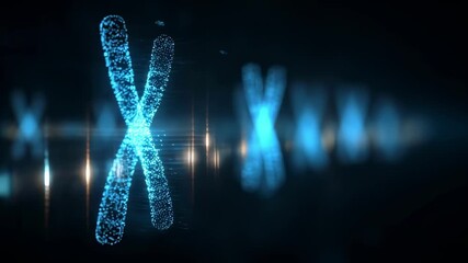 Futuristic health scan interface focusing on male genetic anomaly featuring pulsing XXY chromosome graphic and descending testosterone bar. - Powered by Adobe