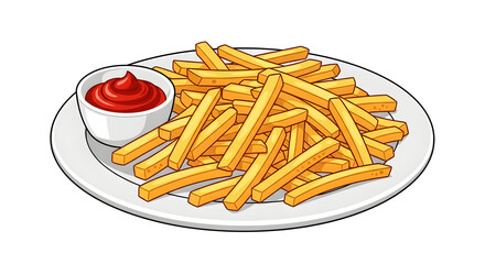 Golden French Fries with Ketchup on White Plate Illustration