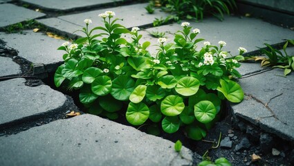Plants growing through crack in pavement. Green foliage and white flowers in a damaged sidewalk. Nature reclaiming urban environment. Environment and nature in urban setting.