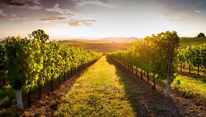 Obraz premium vineyard presents rows of grape vines bathed in setting sun promising bountiful harvest