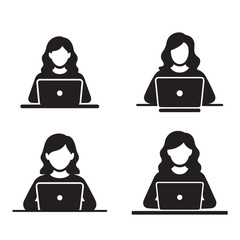 Four Person Icons Using Laptops On White Background