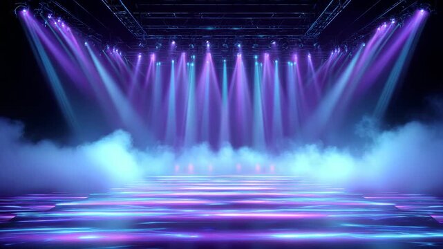 VJ-style event stage with glowing beams and flowing fog, loopable perspective with strong symmetry