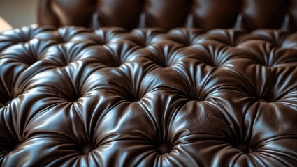 Obraz premium Close-up of a brown leather Chesterfield sofa with deep button tufting.