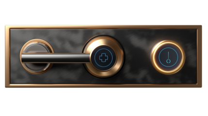 Luxury smart control panel with illuminated digital touch buttons in bronze and black. Ideal for tech interfaces, home automation, or industrial. Isolated on transparent background, png	