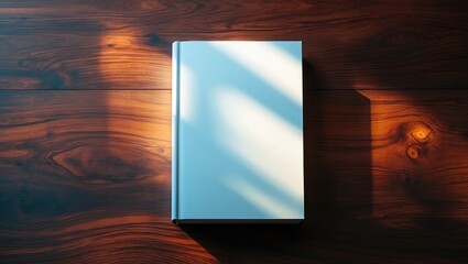 A closed light blue book placed on a polished wooden surface with shadows cast across it.