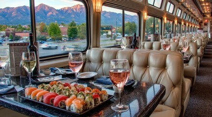 Scenic train dining experience with sushi and wine.