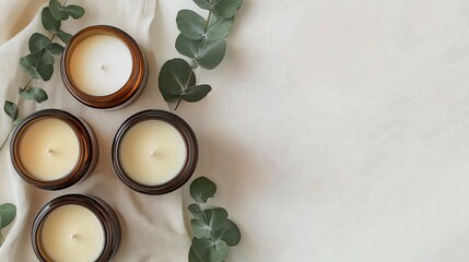 Minimalist soy candle in amber glass jar on linen with eucalyptus branch