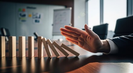 A hand stops a falling row of dominoes on a conference table