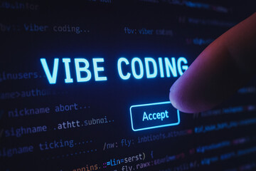 Finger pressing an "Accept" button for "Vibe Coding" on a futuristic computer screen, symbolizing a new approach to software development, programming, and technology.