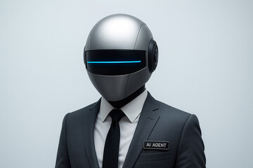 Portrait of a futuristic AI Agent, a professional robot in a business suit with a name tag, symbolizing corporate automation and the future of work.