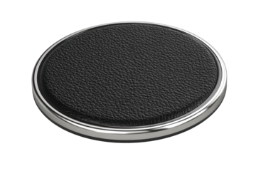 Circular black leather coaster with metallic rim