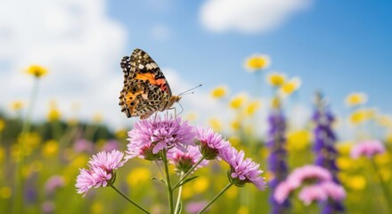 Obraz premium Painted Lady Butterfly Resting on a Pink Wildflower in a Meadow
