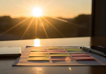 Photo of sticky notes on a desk with a smartphone and pen, with the sun rising in the background, symbolizing planning and productivity