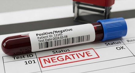 Medical laboratory blood test result showing negative outcome on paper document with stamp
