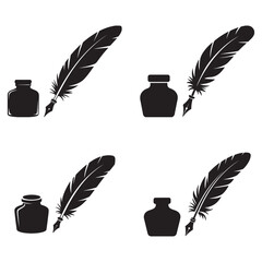 Four Black Silhouettes Of Quill Pens And Ink Pots inkwell