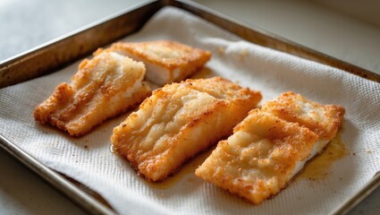 Pieces of fried fish fillet on a paper-lined tray.