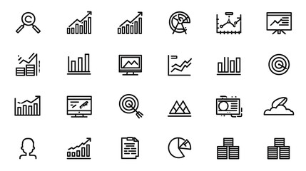 Diverse business analytics icons featuring charts graphs and financial symbols
