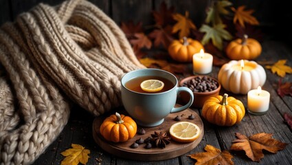 A cozy autumn scene with a cup of tea, pumpkins, candles, lemon slices, and fall leaves on a rustic wooden surface.