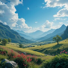Obraz premium Peaceful Mountain Landscape: Green Hills and Colorful Flower Fields Shimmering Under the Sunlight