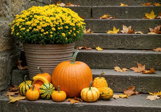 A vibrant autumn display featuring pumpkins gourds and yellow mums on stone steps creates a festive seasonal scene