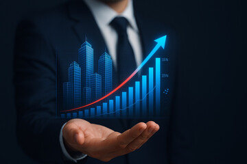 Businessman Holding 3D Financial Growth Graph with Bar Chart, Rising Arrow, City Skyline, Virtual Hologram, Digital Analytics Projection