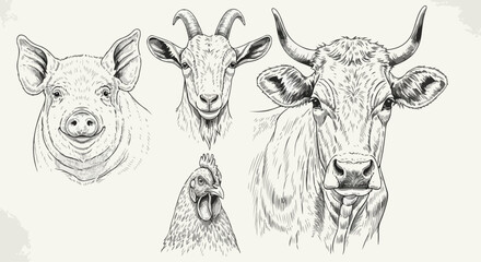 Detailed Hand-Drawn Farm Animal Heads: Pig, Goat, Cow, Chicken, in Vintage Sketch Style