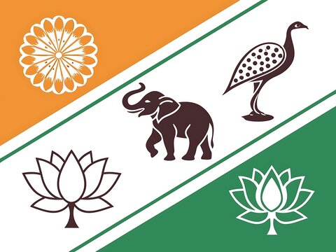 Indian political party symbols on tricolor background isolated on white background