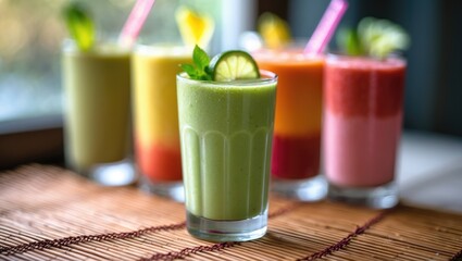 Colorful smoothies in glasses with garnishes on a wooden mat. Beverages, healthy drinks, and drinks. Refreshing beverages and fruit smoothies.