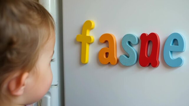 Young child positioning bright alphabet magnet on white fridge surface during educational play activity


