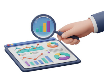 3d icon of hand holding magnifying glass over financial charts and graphs, isolated on transparent background