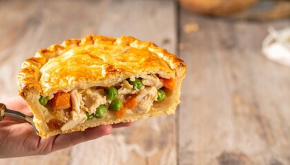Hand Serving Slice of Chicken Pot Pie with Vegetables on Rustic Wooden Table
